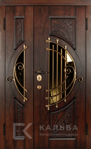Фото «Железная двустворчатая дверь венге с круглым остеклением и кованым узором №361»